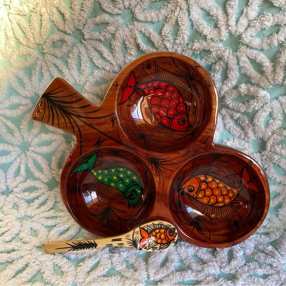 Vintage serving bowl Mexican folk art divided nut bowl trinket dish - Picture 6 of 9